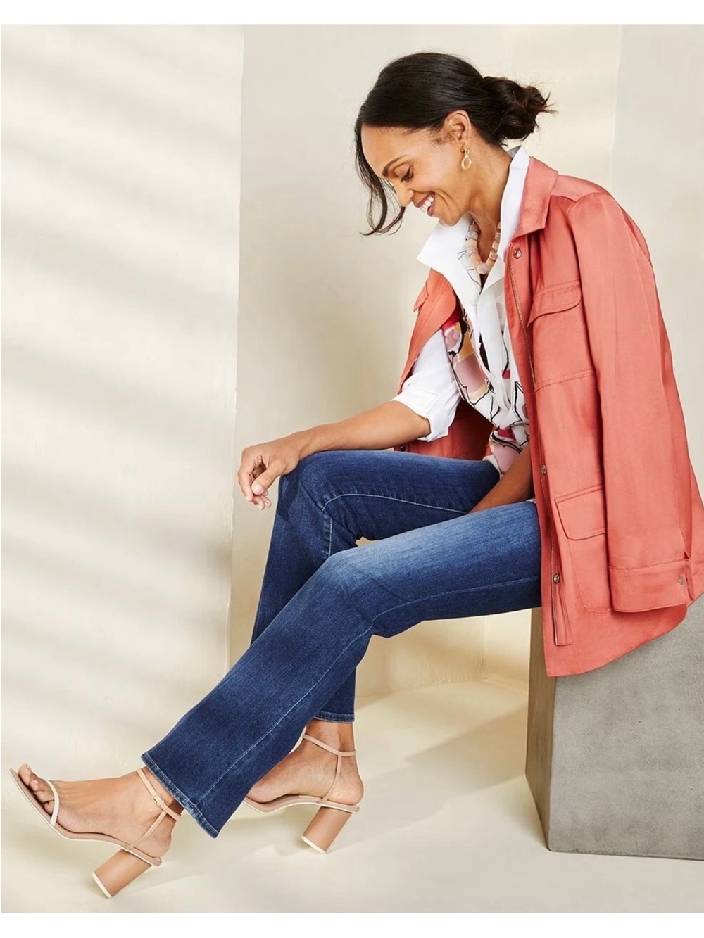 Chico's Satin Pink Coral Explorer Jacket Blue 16/18 Or Size 3 Hemmed